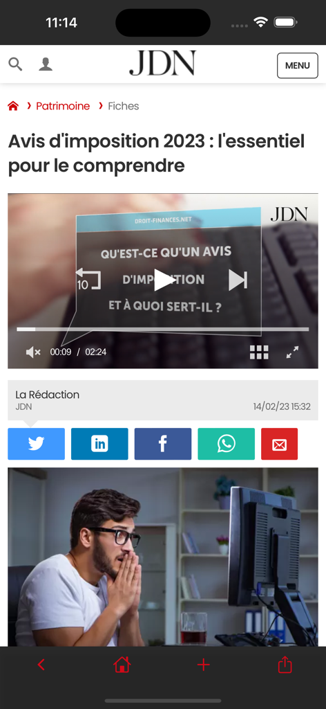 Journal du Net app article interface featuring business news and video content.