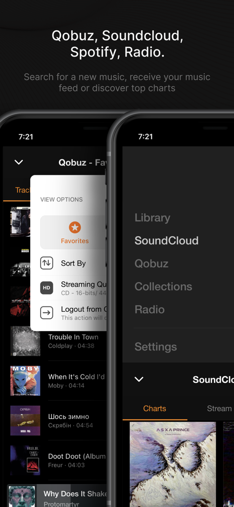 VOX app screenshots showing music library sources and streaming options including SoundCloud and Qobuz