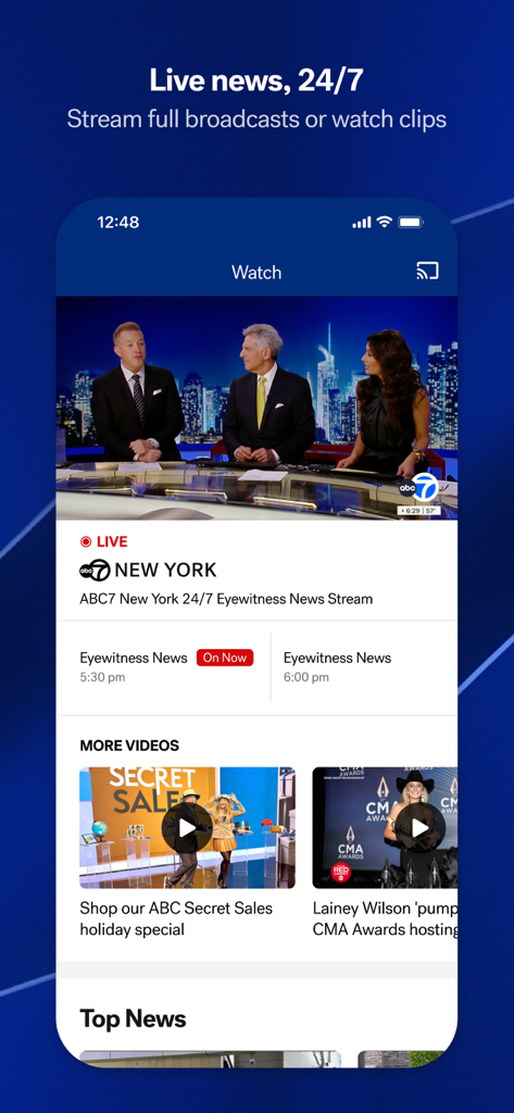 ABC 7 New York - ABC 7 New York mobile app interface displaying a live Eyewitness News broadcast.