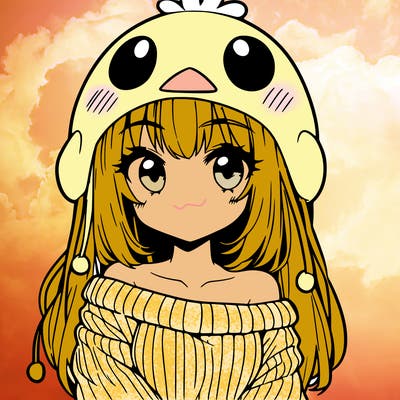 anime girl with chick shaped hat with sweater with bare shoulders with bangs covering them one eye with low tail