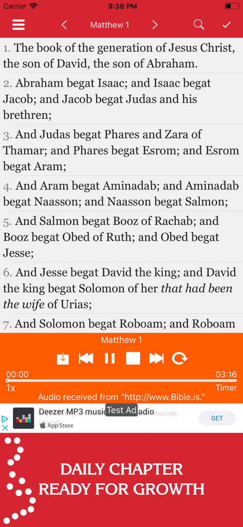 Interface of the New Testament KJV app showing scripture from Matthew chapter 1 and an integrated audio player.