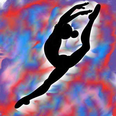 gymnast doing a leap in a leotard with a bent back leg
