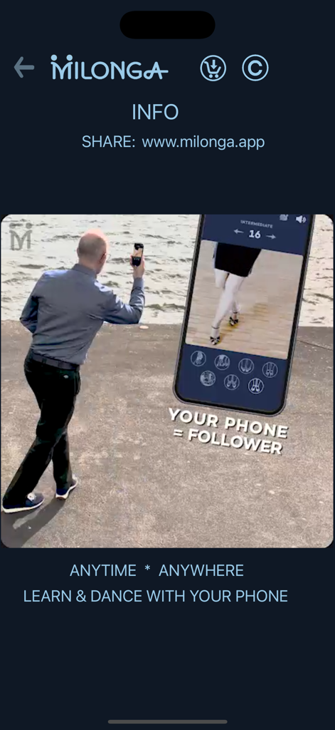A man practicing Milonga dance steps outdoors using his phone as a virtual follower