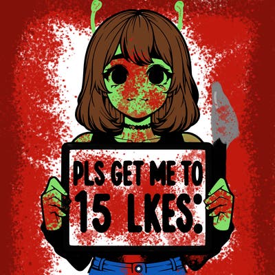 realistic girl holding up a sign that says “pls get me to 15 likes!”