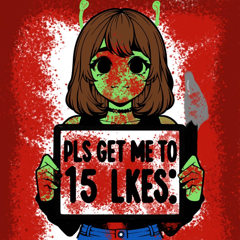 realistic girl holding up a sign that says “pls get me to 15 likes!”