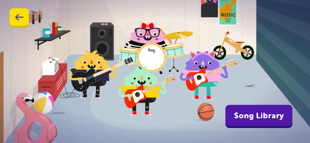 A group of colorful animated monsters playing guitars and drums in the Loog Guitar app song library screen