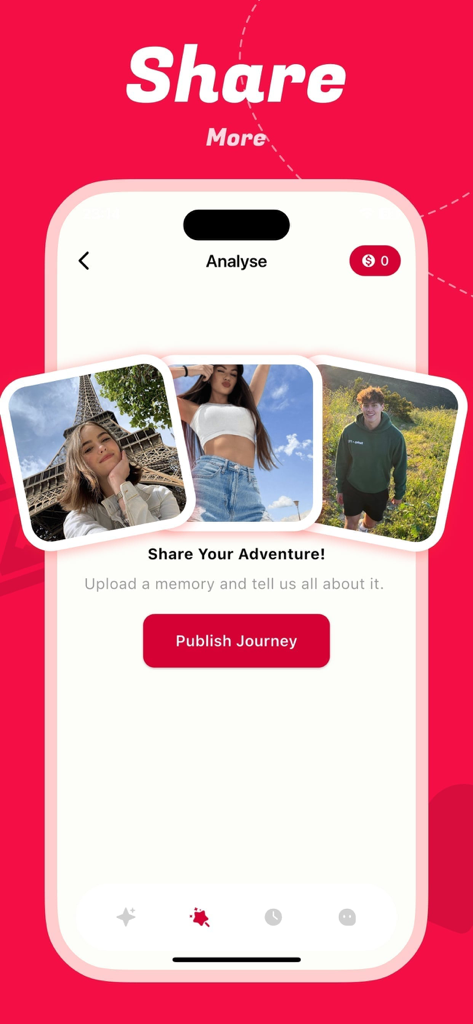 Buloo - Screenshot of the Buloo app showing the Share Your Adventure screen with uploaded travel photos and a button to publish a journey.
