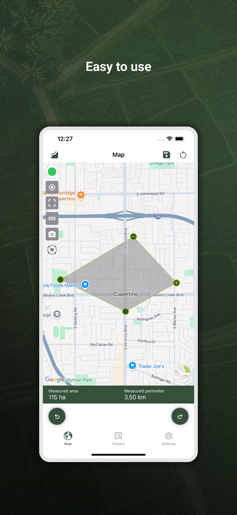 My GPS Area Calculator - Capture d'écran de l'application Mon Calculateur de Surface GPS montrant une mesure de zone de 115 hectares sur une carte de Cupertino