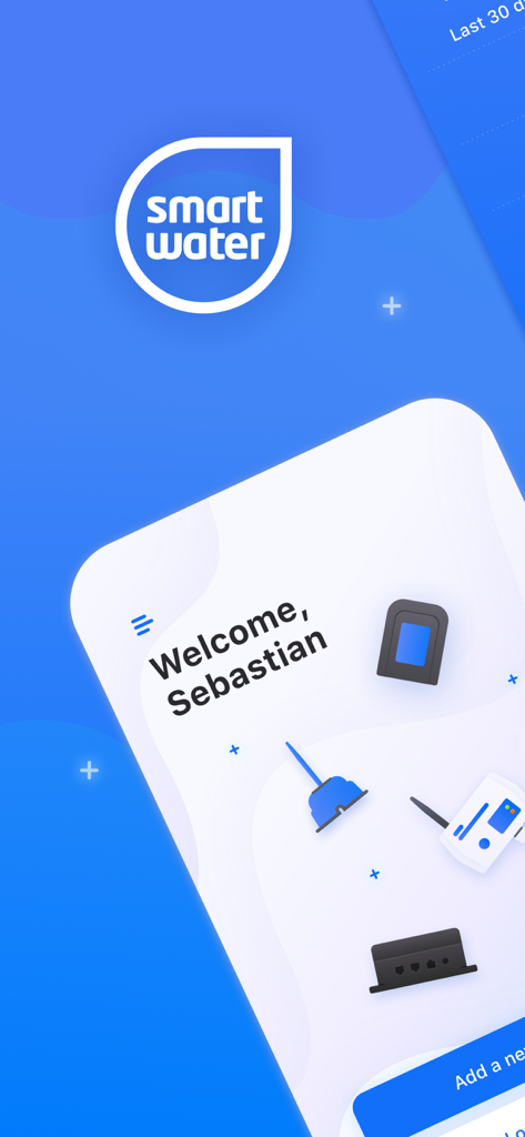 Welcome screen of the Smart Water Tech app featuring hardware icons for water tank management