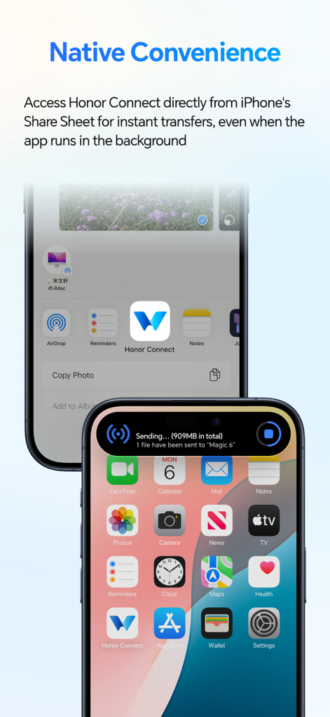 Honor Connect - Honor Connect integration with iPhone share sheet and dynamic island for file transfers
