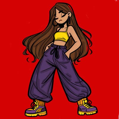 girl in baggy pants crop top and long hair
