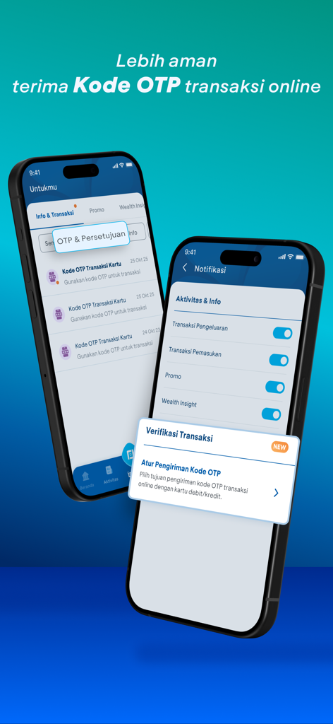 安全なOTP受信オプションとトランザクション通知設定を表示するmyBCAモバイルアプリのスクリーンショット。