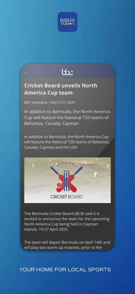 Bermuda Today - Bermuda Today app interface showing a local sports news article about the national cricket team.