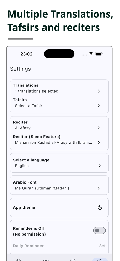 Quran - Ayah Finder - The settings screen of the Quran Ayah Finder app showing options for translations, tafsirs, and reciter selection.