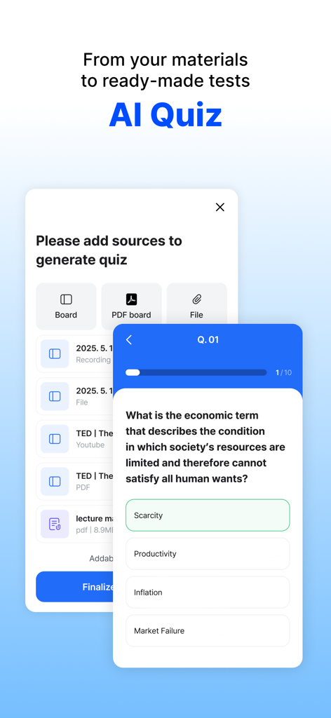 Mobile interface of daglo app showing an AI-generated quiz question created from uploaded study materials.