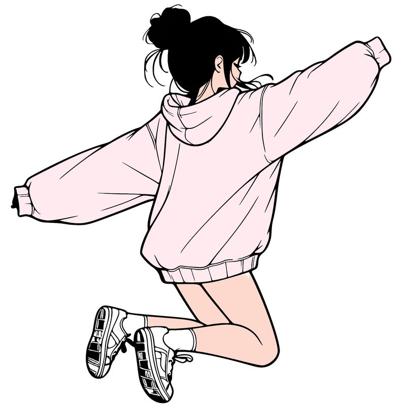 realistic girl jumping with a bun and oversized sweatshirt