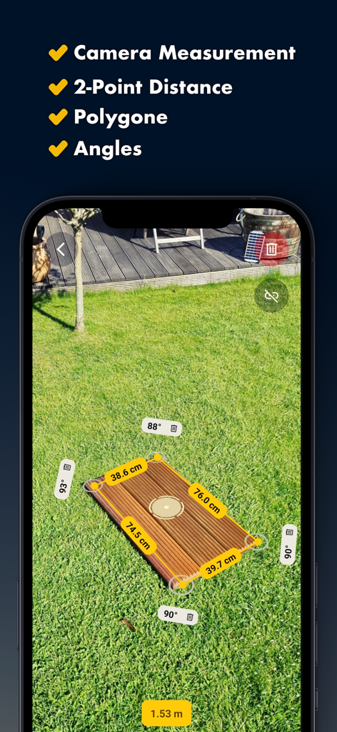 Ruler, Measuring Tape - AR App - AR-App misst Abmessungen und Winkel eines Holzobjekts auf Gras