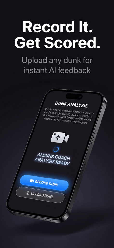 DunkMax: Vertical Jump Trainer - Interface do aplicativo DunkMax mostrando análise de enterrada por IA com opções para gravar ou enviar um vídeo de enterrada
