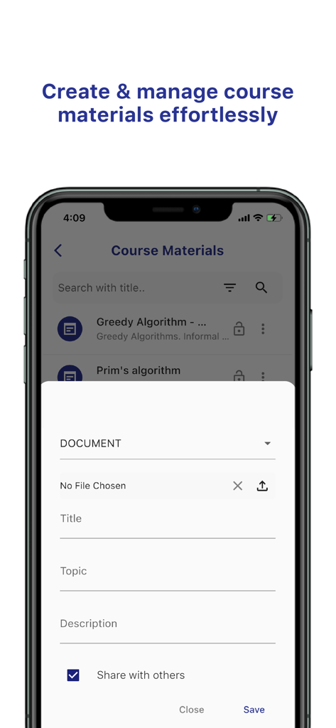 Linways V4 - Mobile screen showing the course materials upload interface in the Linways V4 app