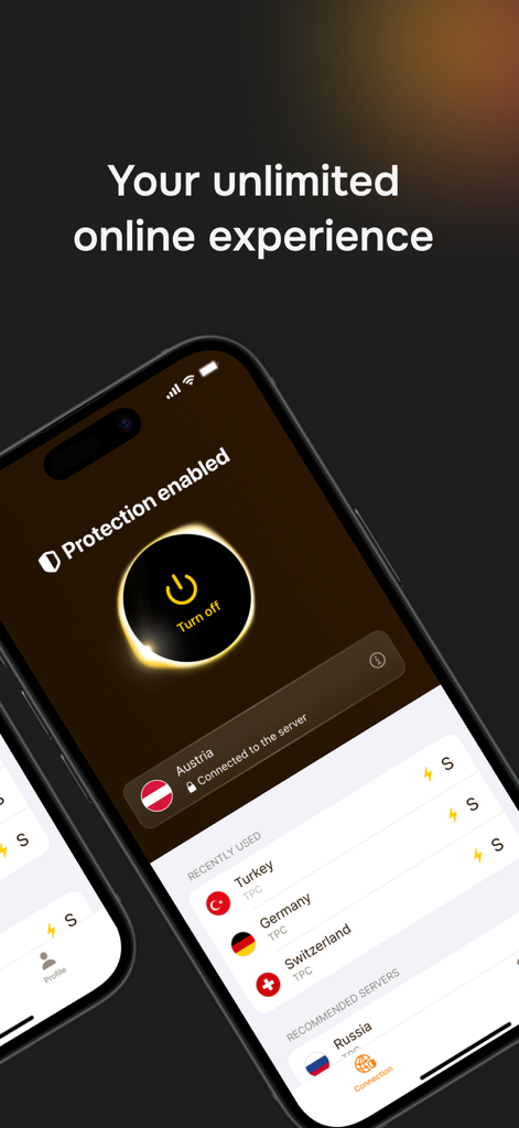 Sun8 - Sun8 VPN mobile app interface on an iPhone showing active protection status and a list of available international servers
