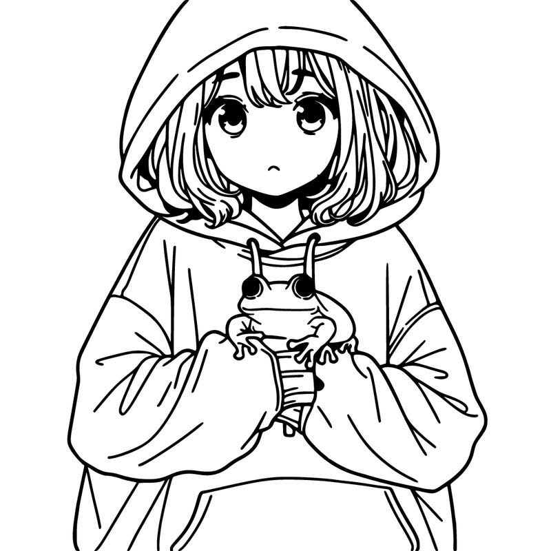 girl with oversized hoodie holding a frog