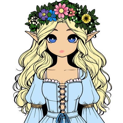 realistic elf girl wearing flower crown and dress