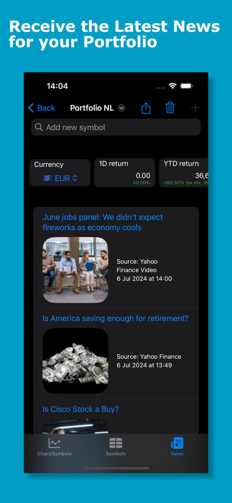 eyeStock - eyeStock mobile app news feed showing financial articles for stock portfolio monitoring