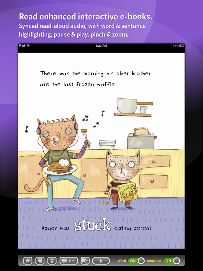 Interface d'un livre numérique interactif sur l'application myON avec audio synchronisé et mise en évidence des mots pour les enfants
