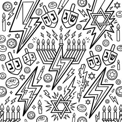 Get ready for a dazzling Hanukkah with this exciting coloring page designed especially for kids! Featuring a dynamic blend of bold lightning bolts and beloved Hanukkah symbols like menorahs and dreidels, it's perfect for festive fun.