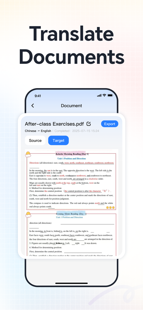 Translator Pro mobile app screen showing AI document translation from Chinese to English with layout preservation