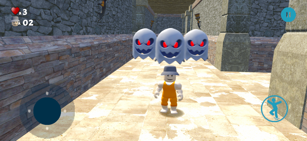 Parkour Escape Prison Breakout - A blocky character in an orange prison jumpsuit facing three ghost enemies in a stone hallway.