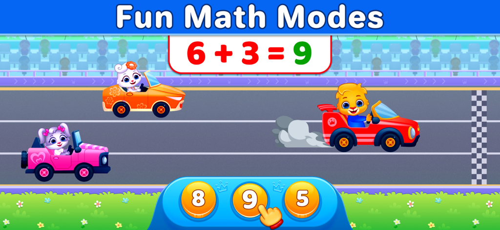 Math Kids - Add,Subtract,Count - Schermata di gioco di Math Kids che mostra un problema di addizione con animali in auto da corsa.