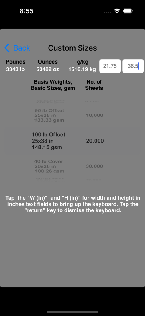 Paper Weight Calculator - Interface of the Paper Weight Calculator app showing total weight calculations for custom paper sizes in pounds and kilograms