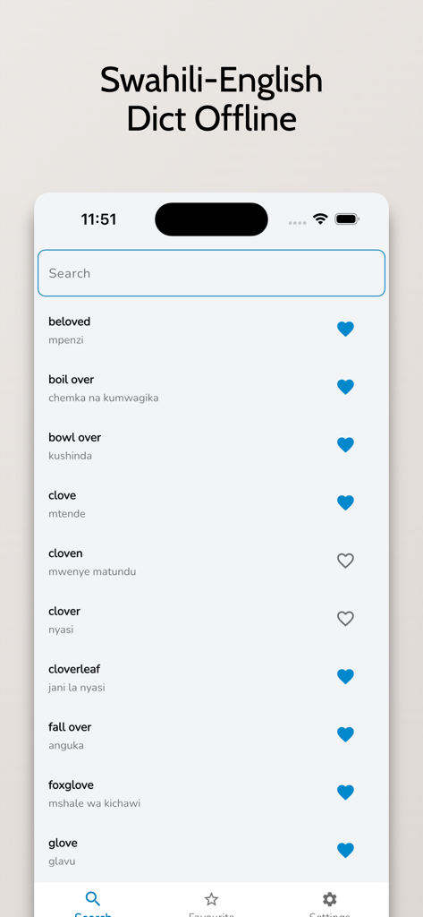 Swahili English Dictionary! - Swahili English dictionary app showing a list of words and their translations