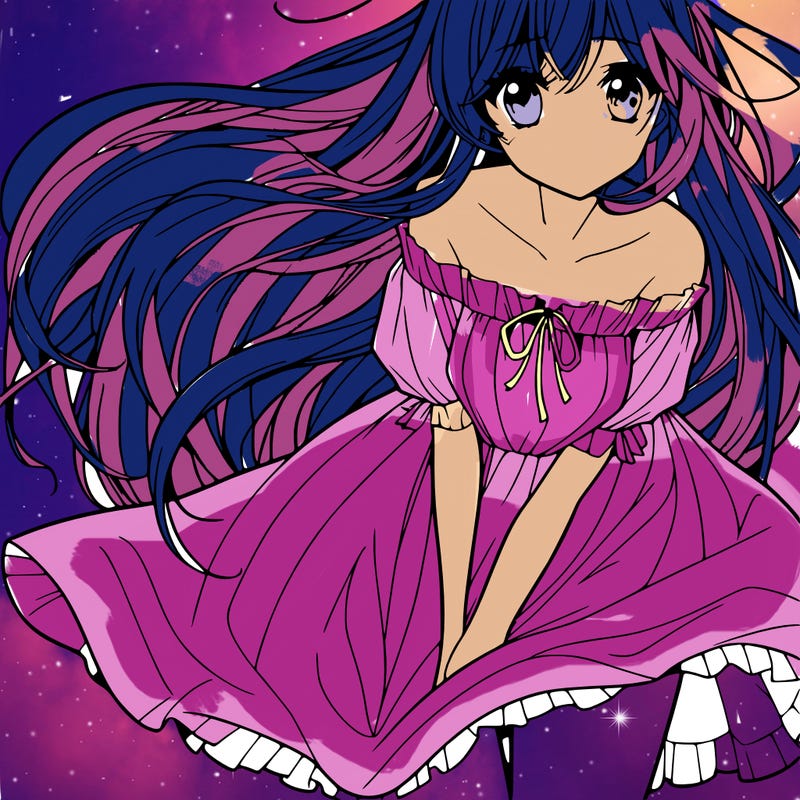 manga girl with long flowing hair and a dress that is pushed down
