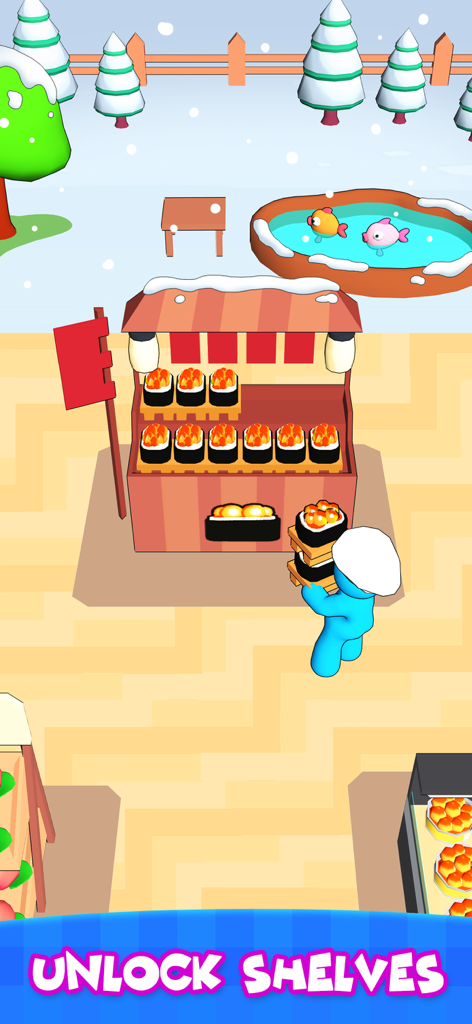 A character restocking a sushi stall in a winter themed supermarket setting