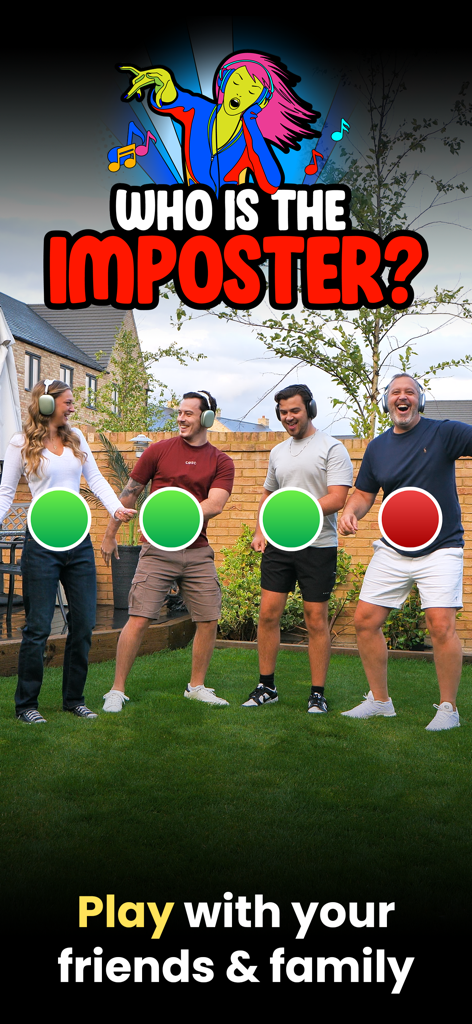 Who Is The Imposter? - Um grupo de pessoas usando fones de ouvido e dançando em um jardim enquanto jogam o jogo de festa Quem É O Impostor.
