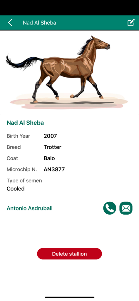 EquiBreedVet - Stallion profile view in EquiBreedVet app showing physical traits and breeding data