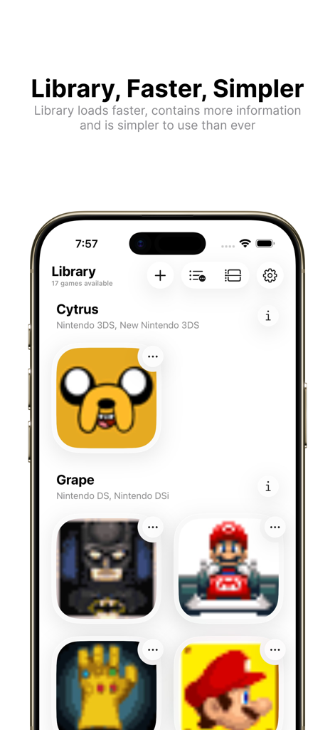 Screenshot of the Folium app interface displaying a game library for retro console emulation on an iPhone.