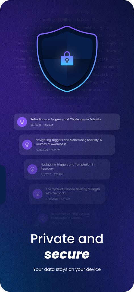 Overcome Lust: Rewire - Una pantalla de aplicación móvil para Overcome Lust Rewire que presenta un ícono de escudo de seguridad y una lista de reflexiones personales sobre la sobriedad.