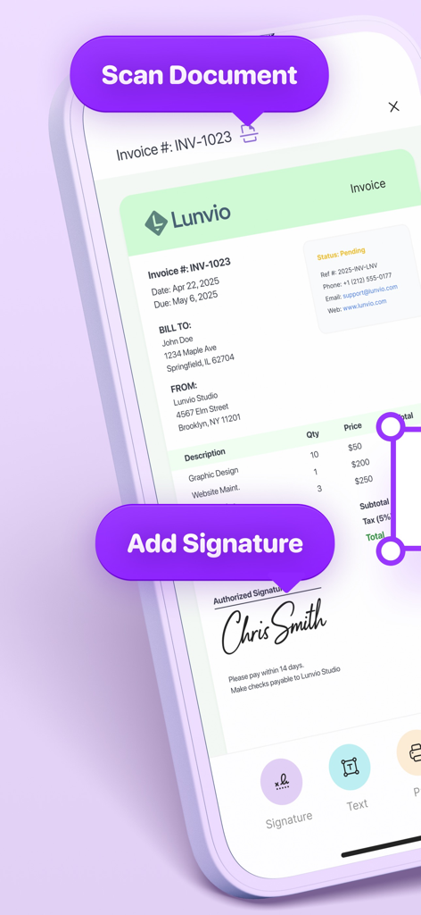 PDF Scanner Extra: Sign & Edit - iPhone screen showing the PDF Scanner Extra app interface with an invoice being scanned and a digital signature added.