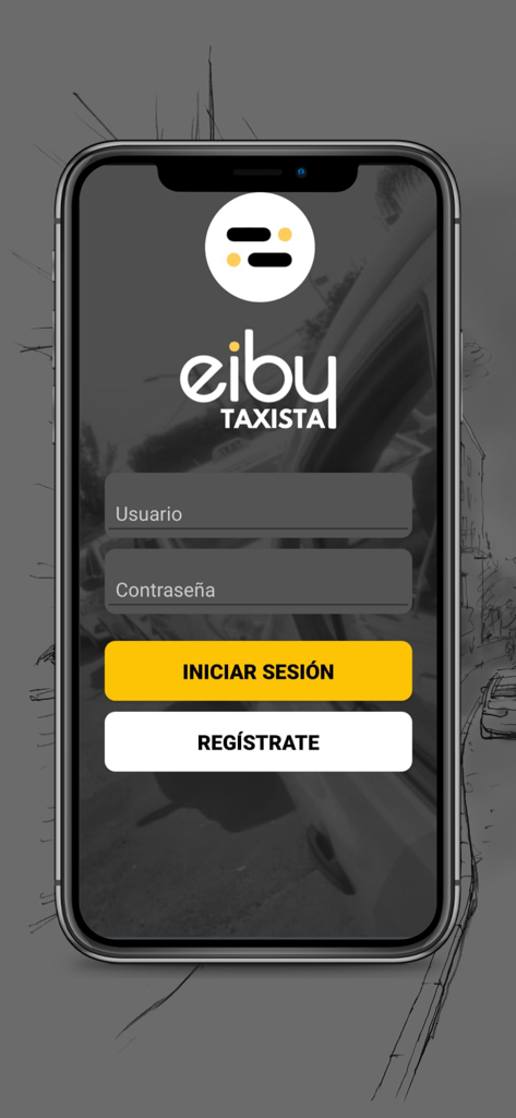 Eiby Taxista - Pantalla de inicio de sesión de la app Eiby Taxista para conductores con campos para nombre de usuario y contraseña y un botón de inicio de sesión.