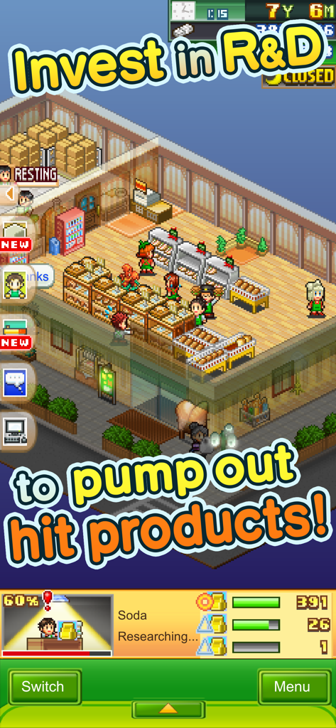 Pixel art gameplay of a bakery shop with customers and a research and development menu for new products
