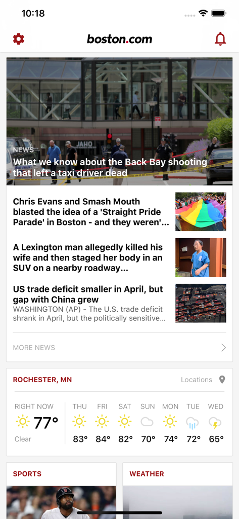 Tela inicial do aplicativo móvel Boston.com mostrando manchetes de notícias locais, previsão do tempo e categorias esportivas