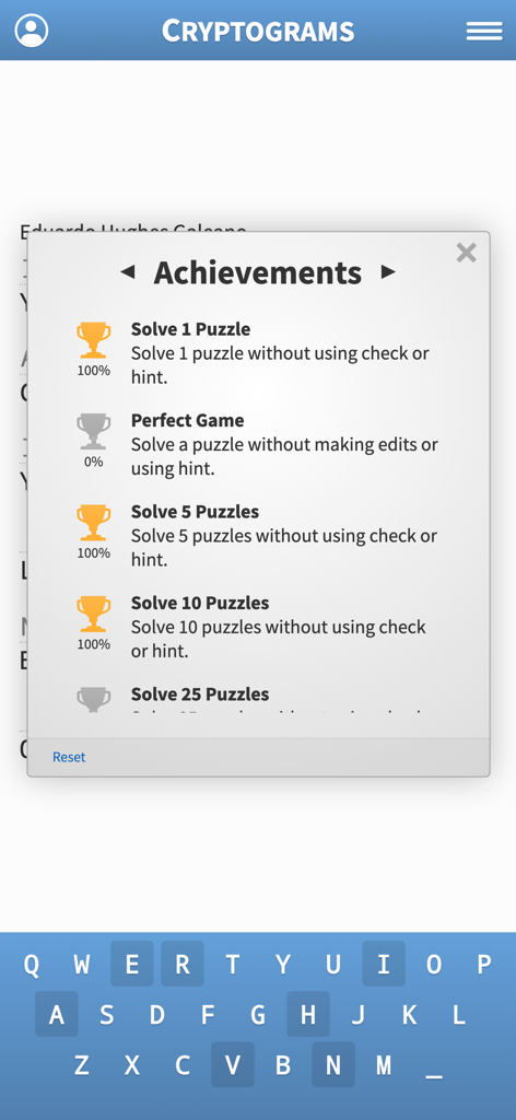 Cryptogram · Cryptoquote Game - Achievements menu in the Cryptogram puzzle game showing trophy milestones for solved quotes.