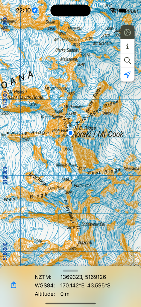 MapApp NZ South Island - Topographic map of Aoraki Mt Cook showing mountain peaks and glacier routes on the MapApp NZ South Island mobile application