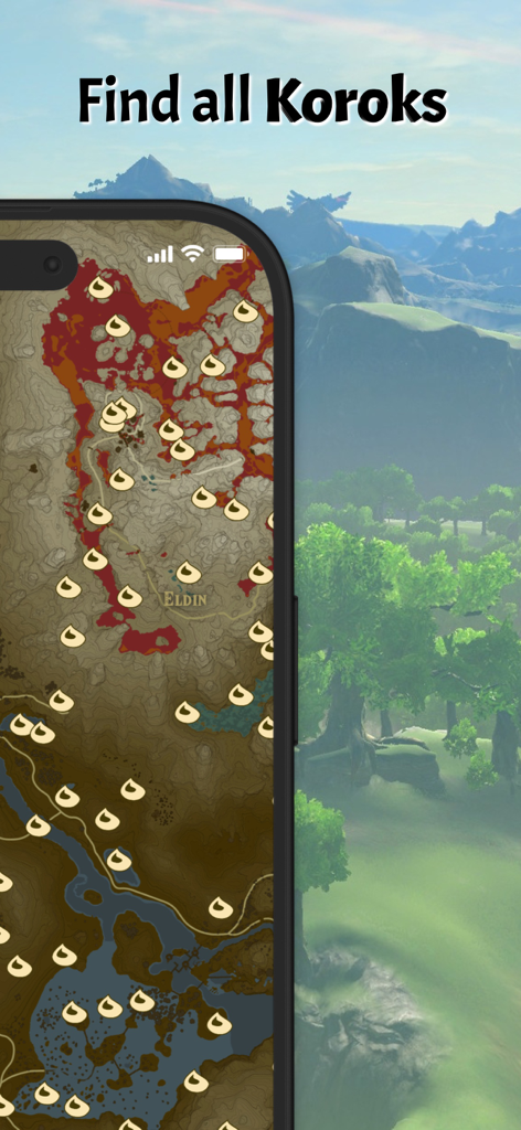 Mobile App-Oberfläche, die eine detaillierte Karte der Eldin-Region in Breath of the Wild mit zahlreichen markierten Korok-Samen-Standorten anzeigt.