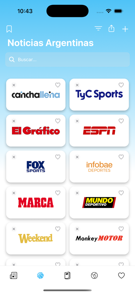 Interfaz de la app Noticias de Argentina mostrando una cuadrícula de varios medios y revistas deportivas que incluyen TyC Sports y ESPN