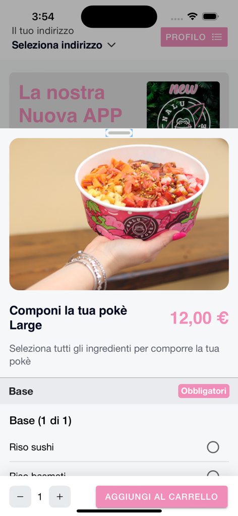 Nalu Pokè app - Customizing a poke bowl on the Nalu Poke mobile app