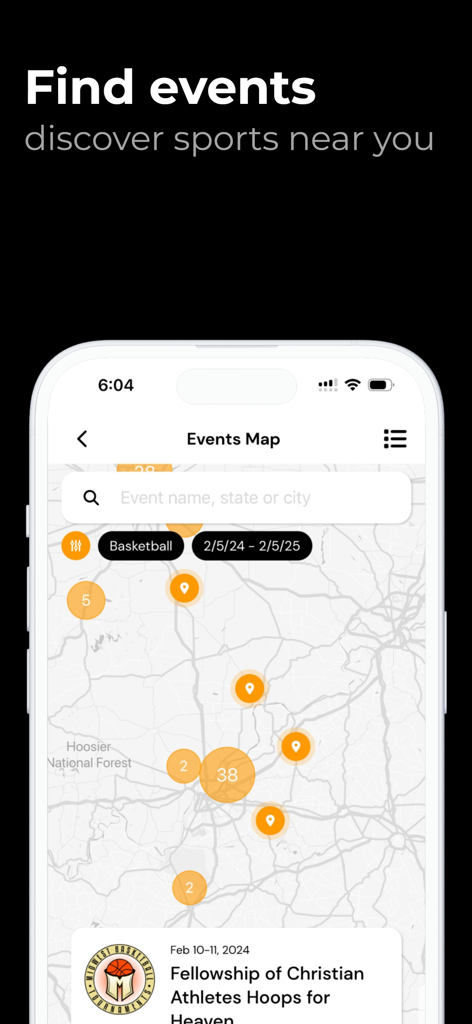 Exposure Events - Exposure Events app interface showing a map with pins for local sports tournaments and events.